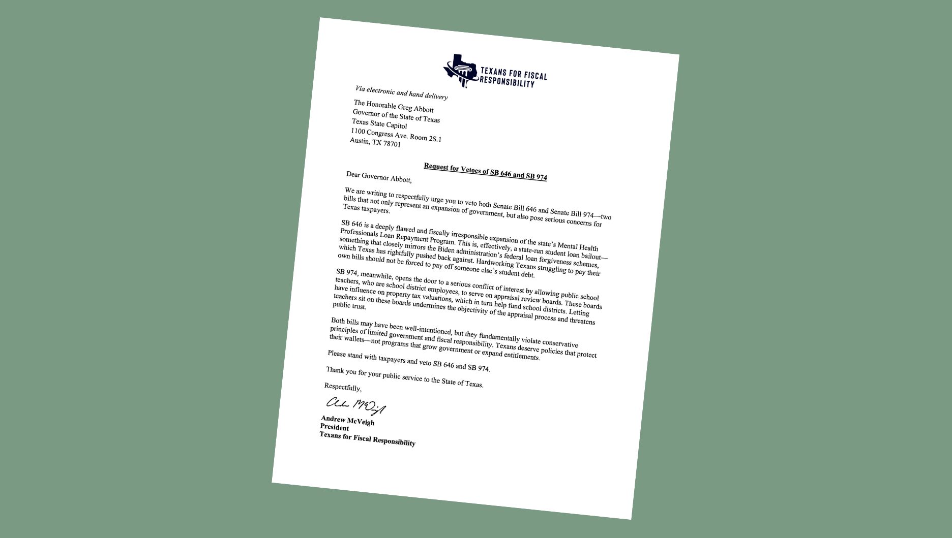 TFR Sends Letter to Abbott Requesting Veto of SB 646 and SB 974