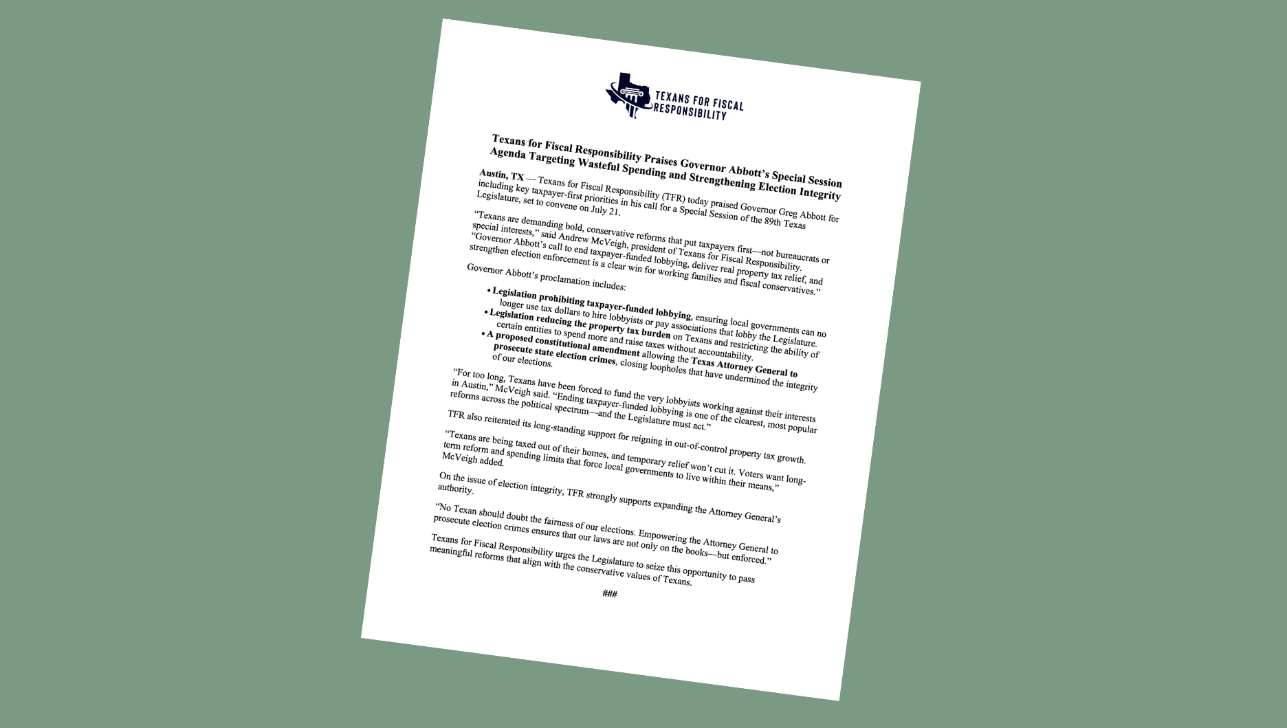 Press Release: TFR Praises Gov. Abbott’s Special Session Agenda