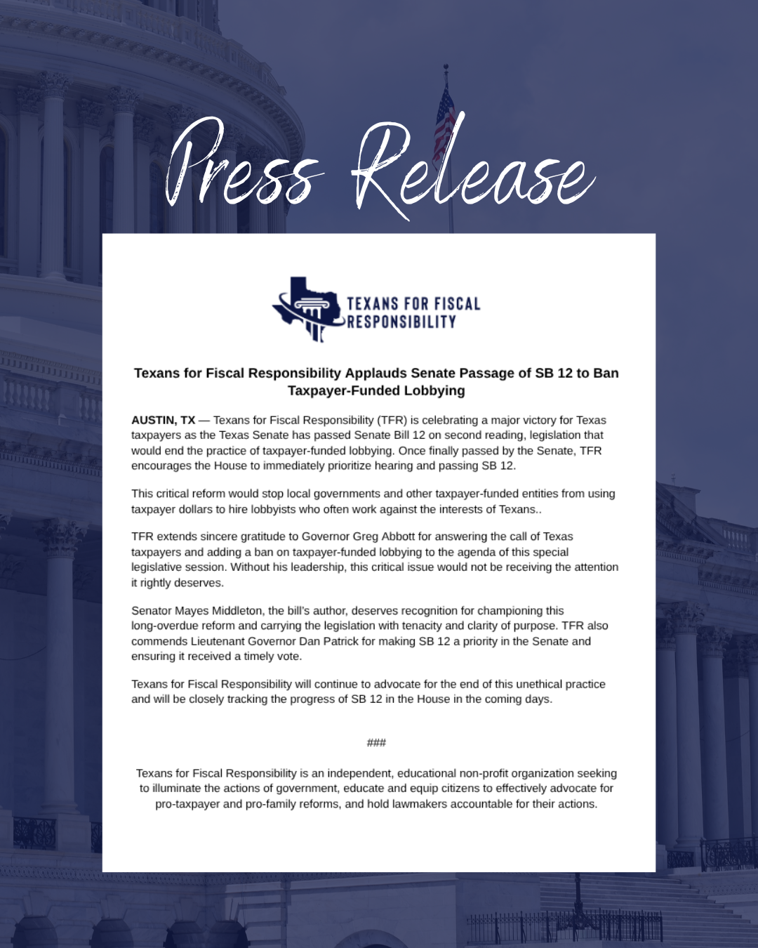 Texans for Fiscal Responsibility Applauds Senate Passage of SB 12 to Ban Taxpayer-Funded Lobbying